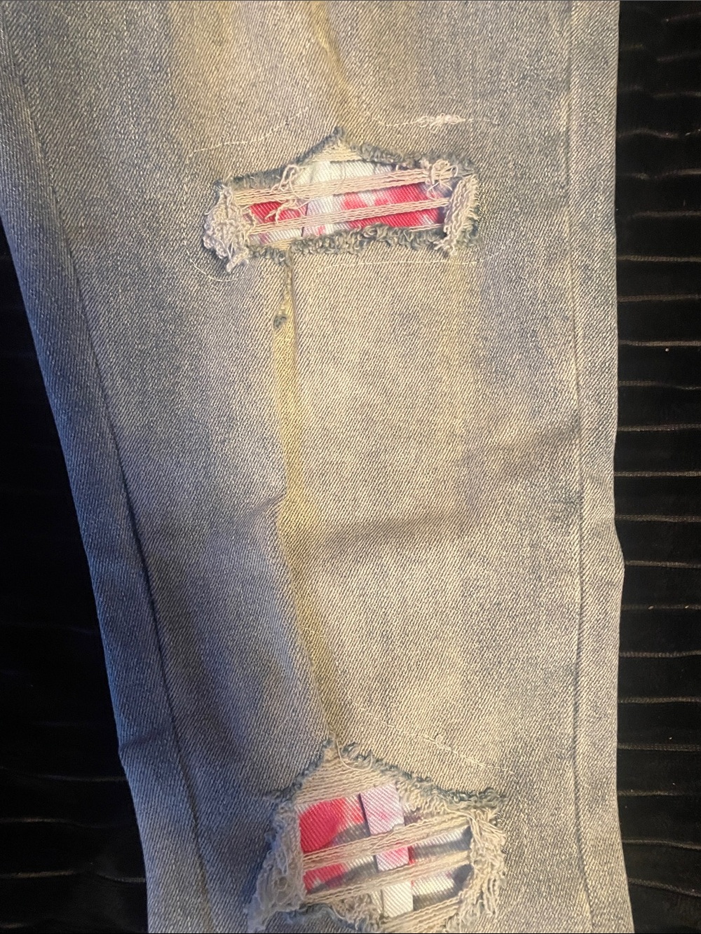 AMIRI Light Gray Distressed Jeans with Pink Logo Patch - Picture 2 of 5